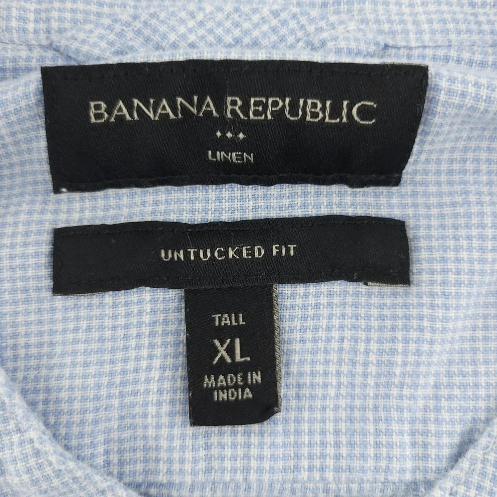 Banana Republic Shirt Mens XLT Blue Check Long Sleeve Linen Button Up Collarless
